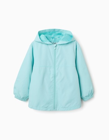 Hooded windbreaker with lining for girls, turquoise blue