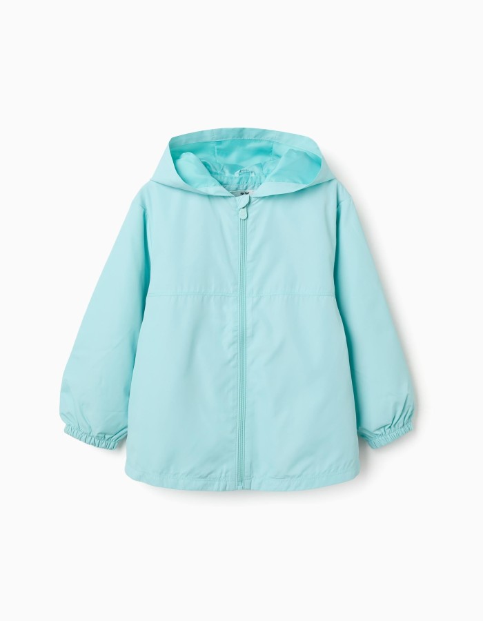 Hooded windbreaker with lining for girls, turquoise blue