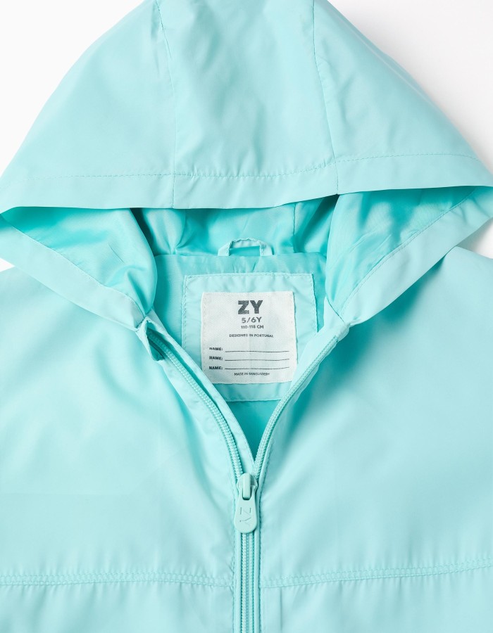 Hooded windbreaker with lining for girls, turquoise blue