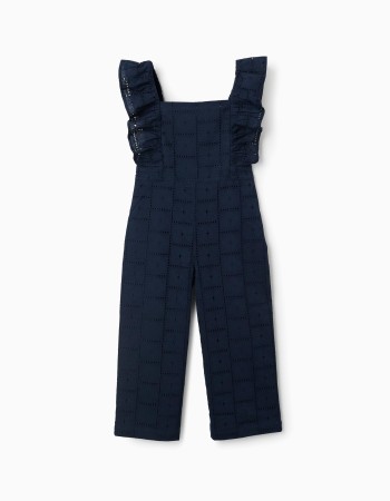 Cotton jumpsuit with broderie anglaise and ruffles for girls, dark blue
