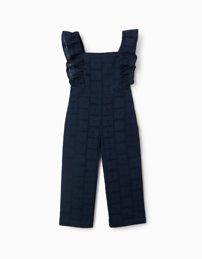 Cotton jumpsuit with broderie anglaise and ruffles for girls, dark blue