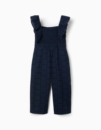 Cotton jumpsuit with broderie anglaise and ruffles for girls, dark blue
