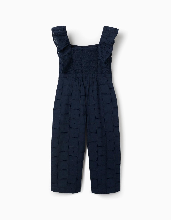 Cotton jumpsuit with broderie anglaise and ruffles for girls, dark blue