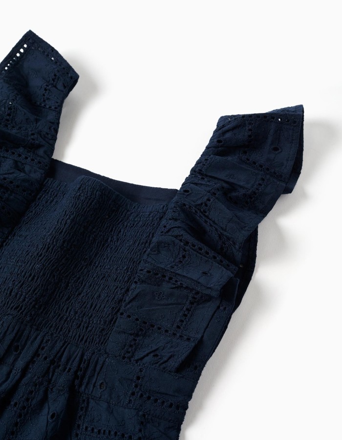 Cotton jumpsuit with broderie anglaise and ruffles for girls, dark blue