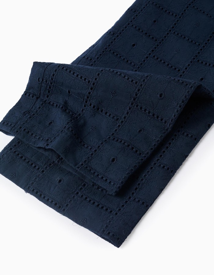 Cotton jumpsuit with broderie anglaise and ruffles for girls, dark blue