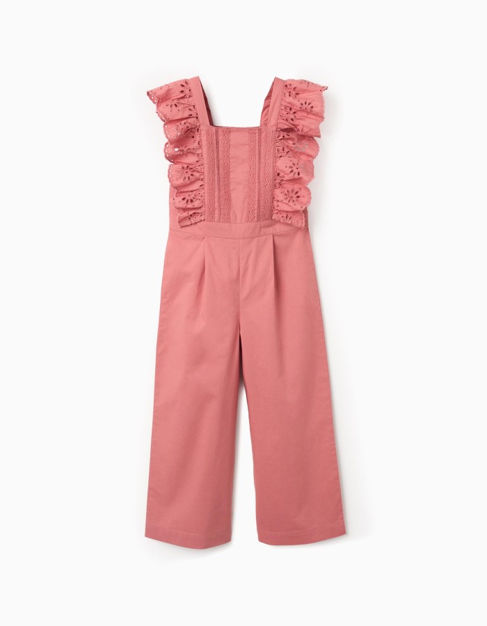 Poplin jumpsuit with ruffles and broderie anglaise for girls, pink