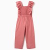 Poplin jumpsuit with ruffles and broderie anglaise for girls, pink