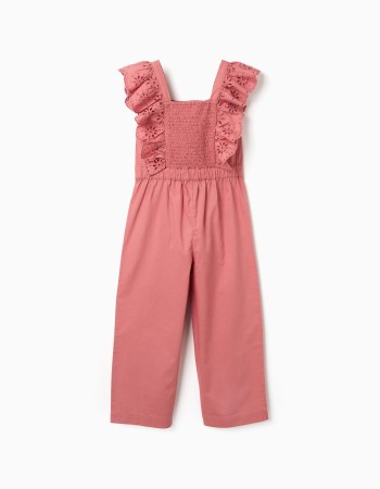 Poplin jumpsuit with ruffles and broderie anglaise for girls, pink