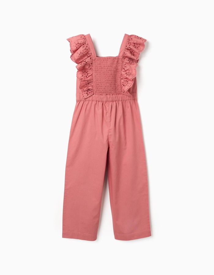 Poplin jumpsuit with ruffles and broderie anglaise for girls, pink