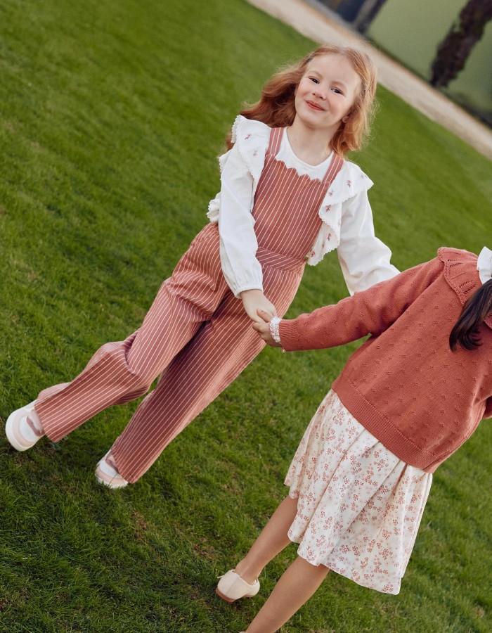 Cotton twill jumpsuit with stripes for girls, pink/white