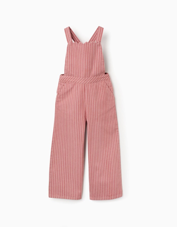 Cotton twill jumpsuit with stripes for girls, pink/white