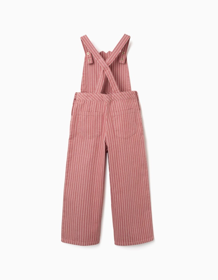 Cotton twill jumpsuit with stripes for girls, pink/white
