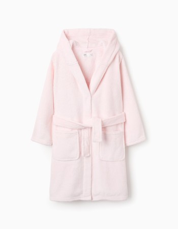 Fleece Dressing Gown with Hood and Belt for Girls, Pink