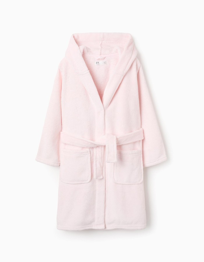 Fleece Dressing Gown with Hood and Belt for Girls, Pink