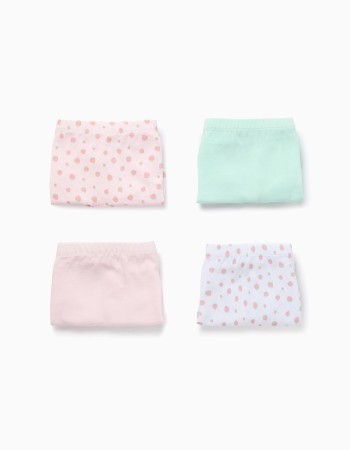 Pack of 4 plain/printed boxer shorts for girls, pink/white/green