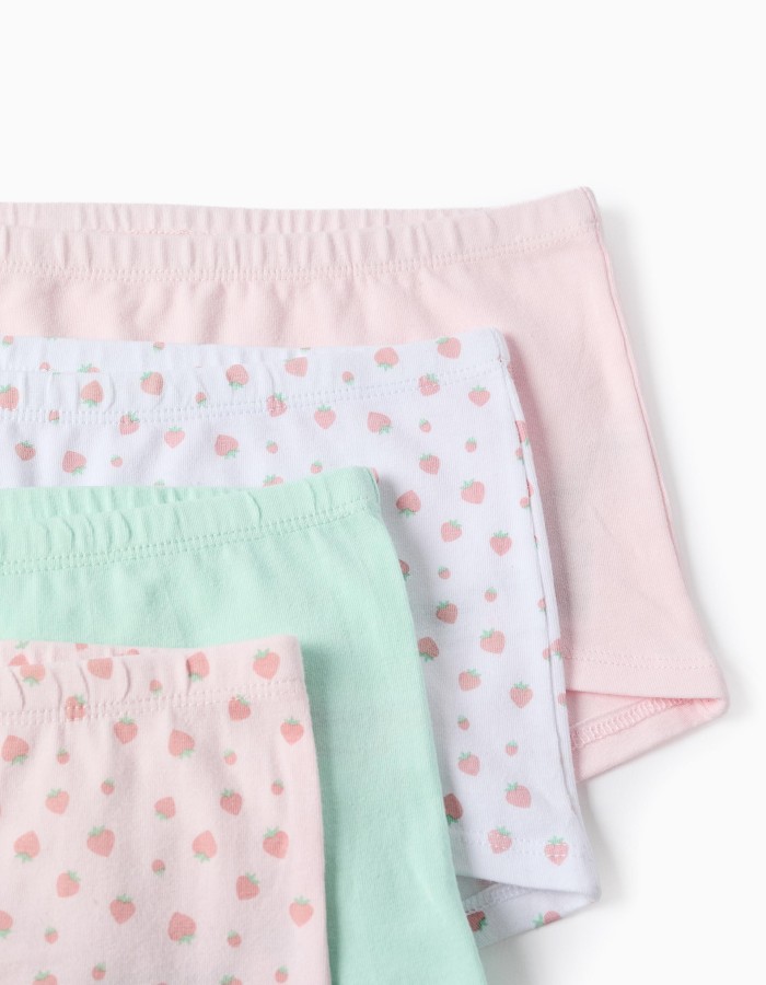 Pack of 4 plain/printed boxer shorts for girls, pink/white/green