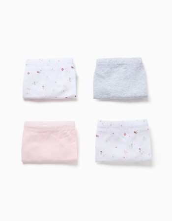Pack of 4 plain/floral boxer shorts for girls, pink/white/grey