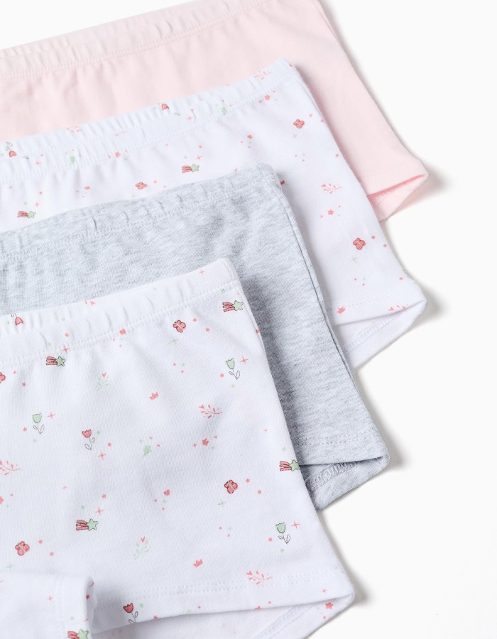 Pack of 4 plain/floral boxer shorts for girls, pink/white/grey