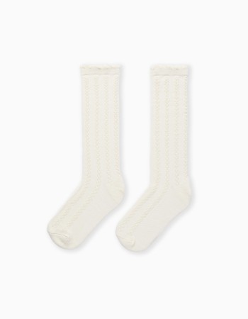 Knee high socks with cable knit details for girls, white