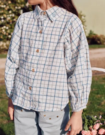 Cotton checked shirt with puffy sleeves for girls, multicolour
