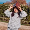 Cotton checked shirt with puffy sleeves for girls, multicolour