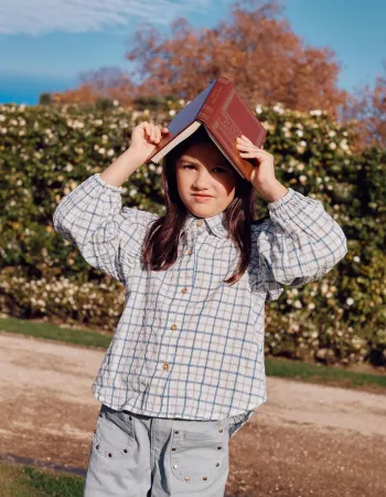 Cotton checked shirt with puffy sleeves for girls, multicolour