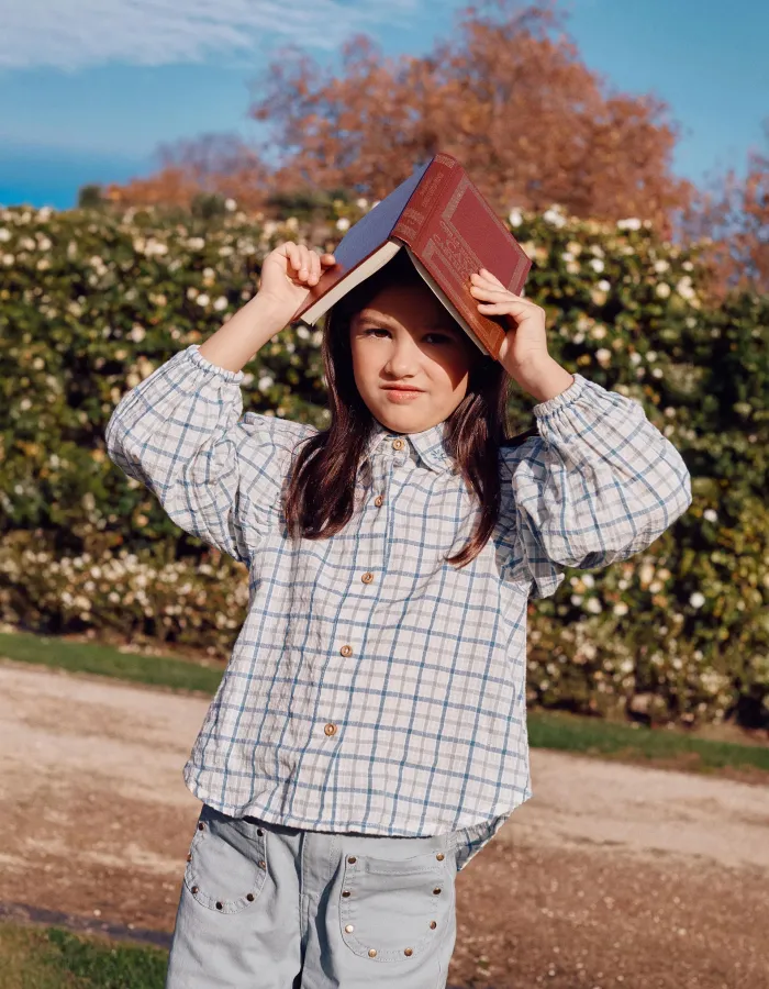 Cotton checked shirt with puffy sleeves for girls, multicolour