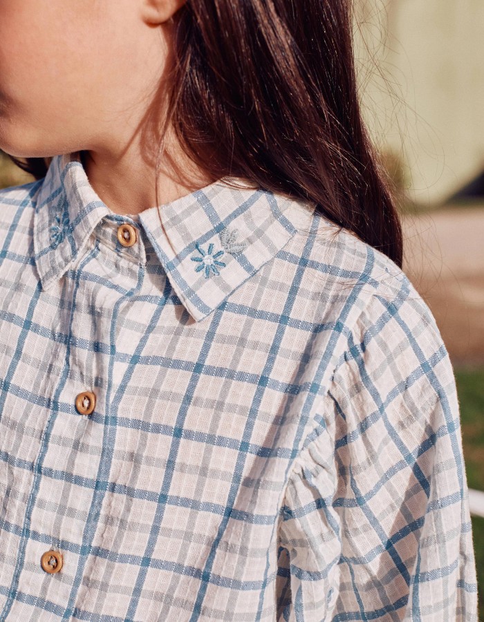 Cotton checked shirt with puffy sleeves for girls, multicolour