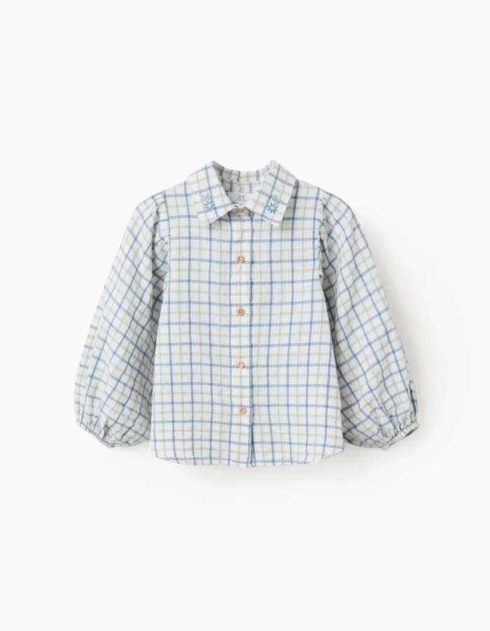 Cotton checked shirt with puffy sleeves for girls, multicolour