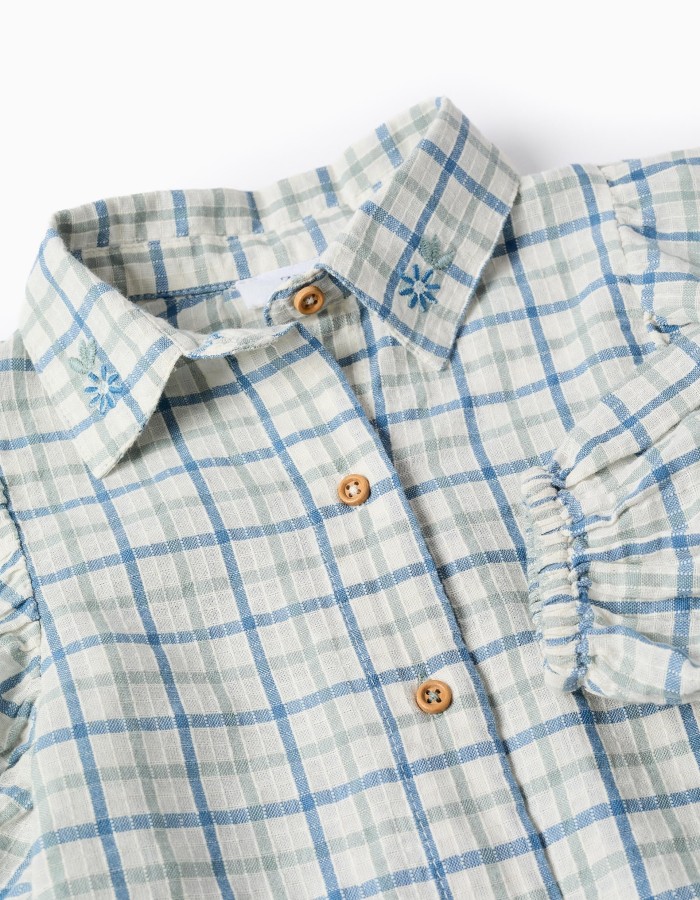 Cotton checked shirt with puffy sleeves for girls, multicolour
