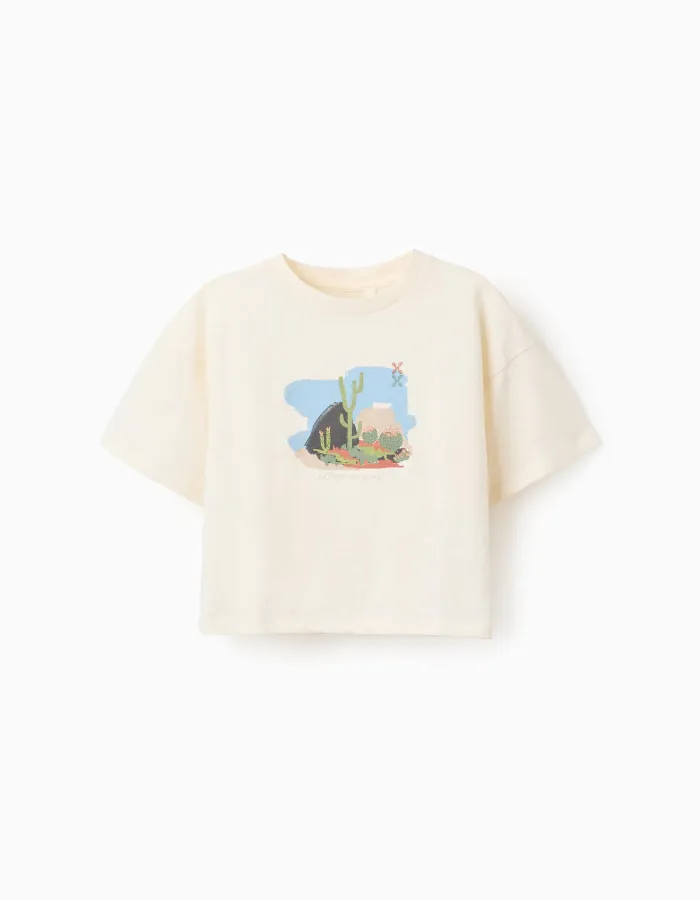 Oversize cotton T-shirt with print and ruffles for girls, light beige