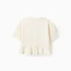 Oversize cotton T-shirt with print and ruffles for girls, light beige