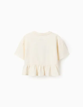 Oversize cotton T-shirt with print and ruffles for girls, light beige