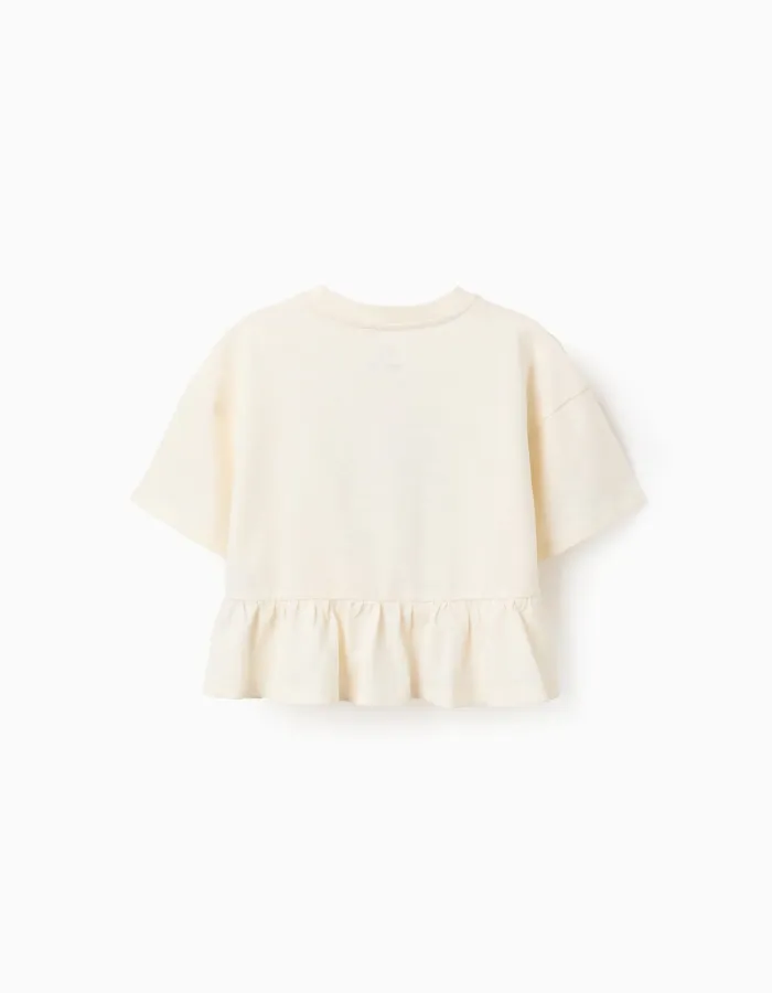 Oversize cotton T-shirt with print and ruffles for girls, light beige