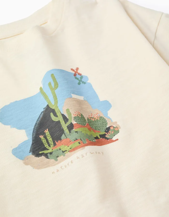 Oversize cotton T-shirt with print and ruffles for girls, light beige