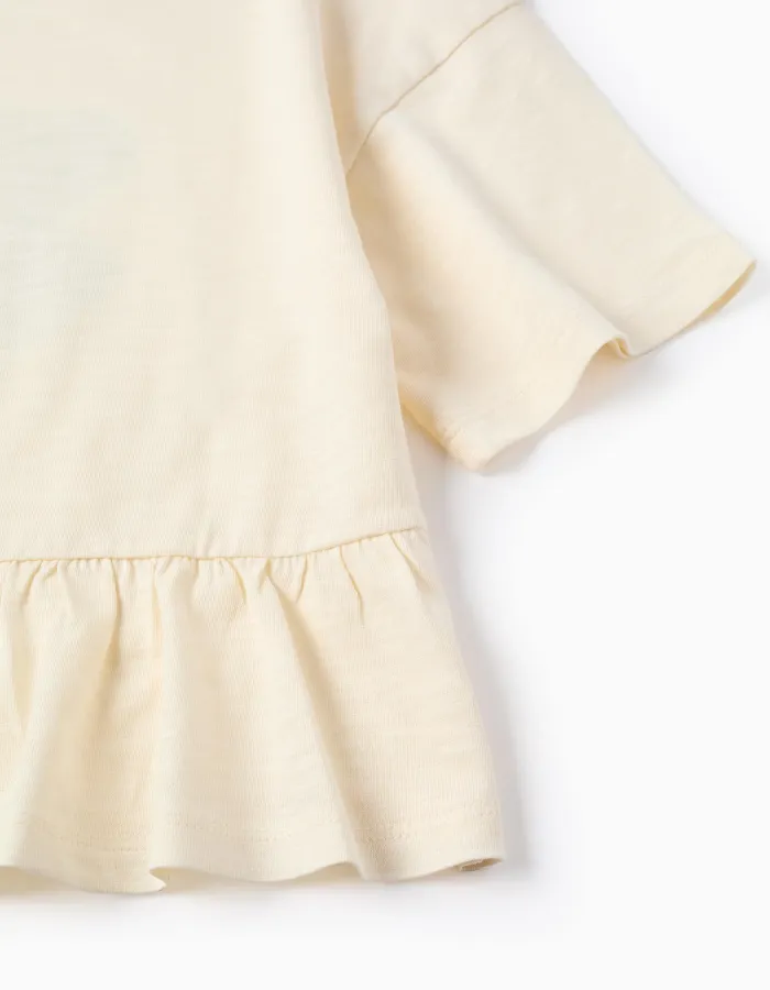 Oversize cotton T-shirt with print and ruffles for girls, light beige