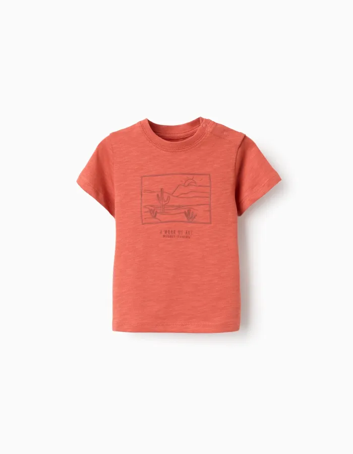 Cotton T-shirt with Work of Art print for baby boys, orange