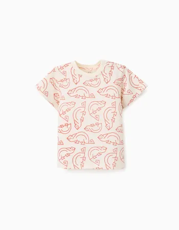 Cotton T-shirt with chameleon motif for baby boys, light beige/orange