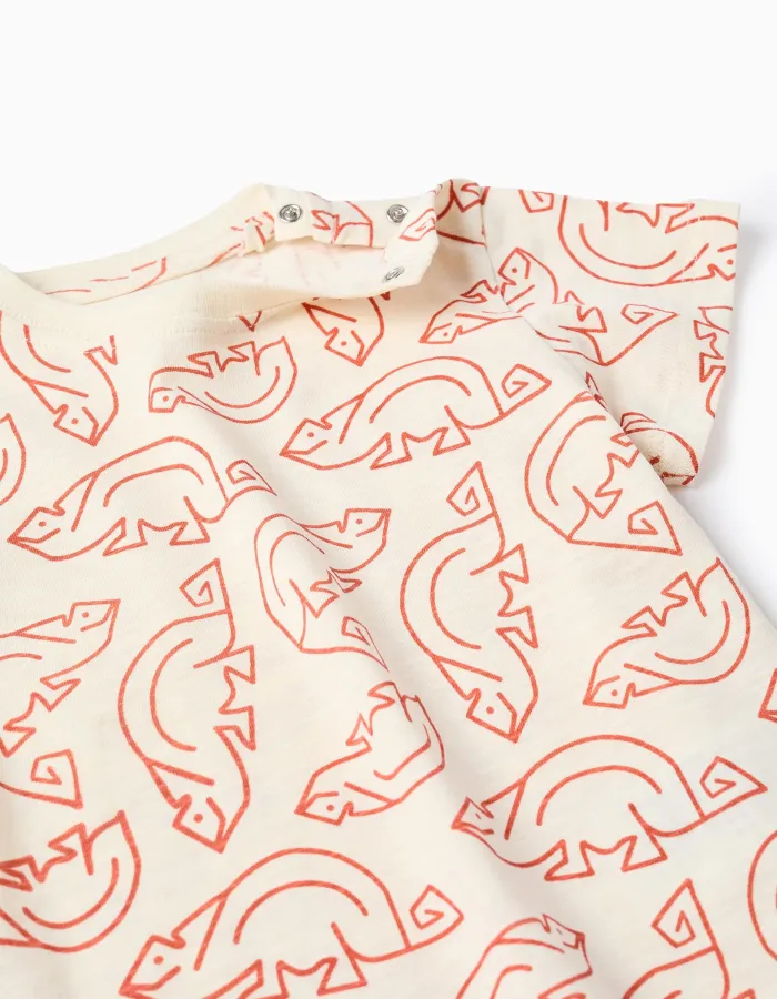 Cotton T-shirt with chameleon motif for baby boys, light beige/orange