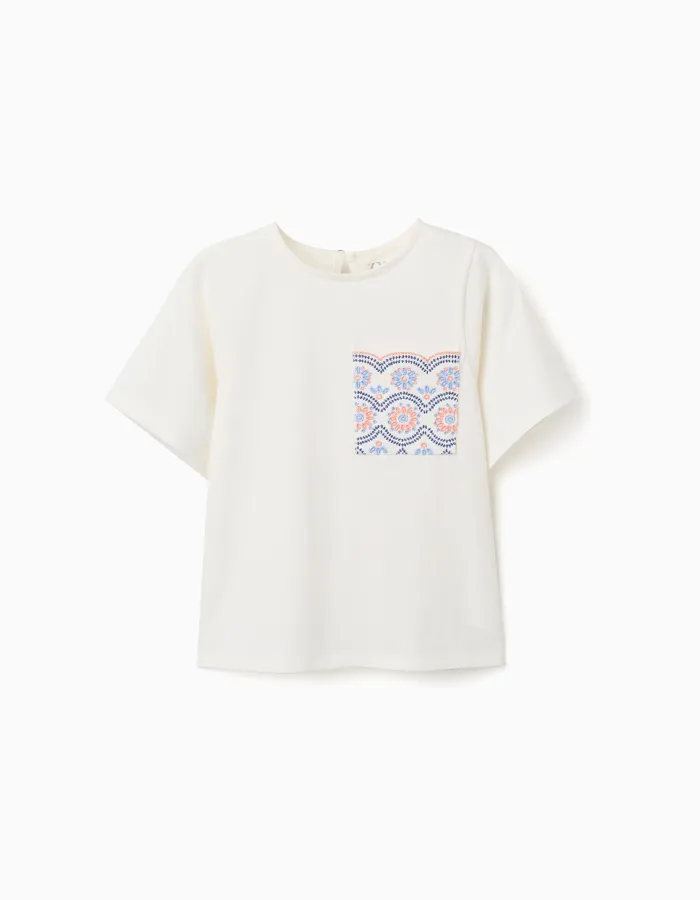 Cotton T-shirt with embroidered pocket for girls, white