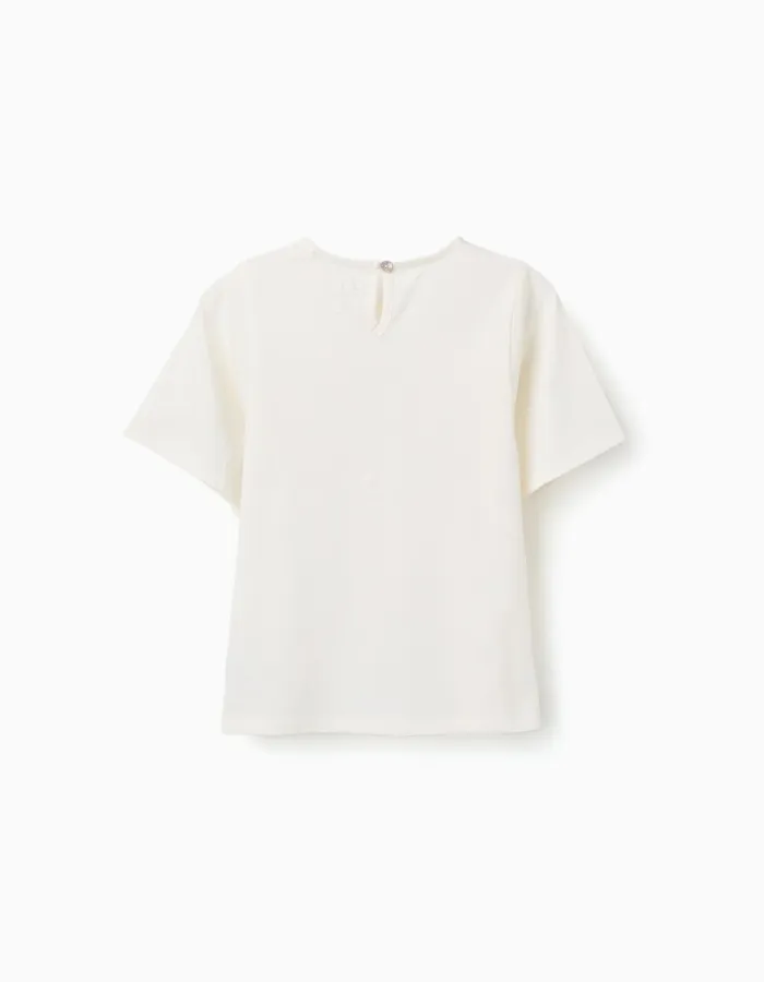 Cotton T-shirt with embroidered pocket for girls, white