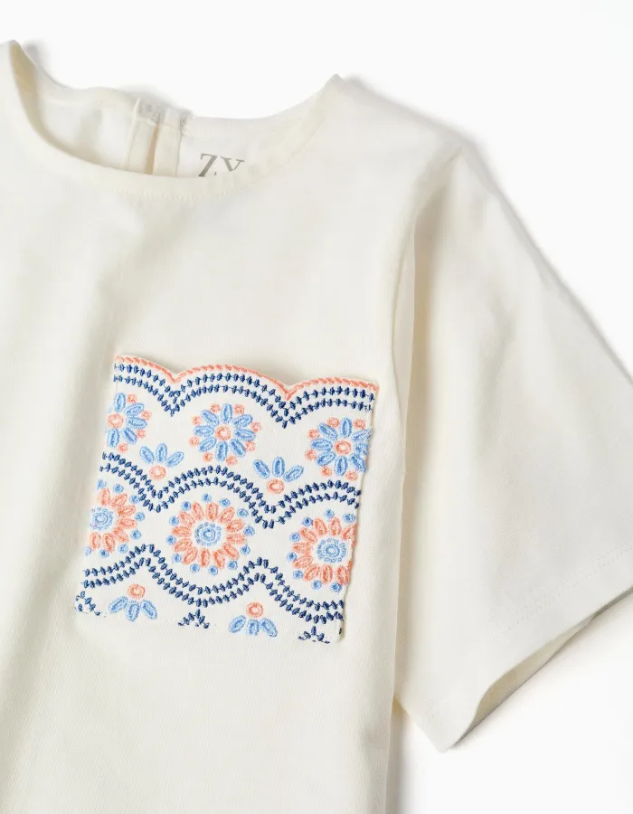 Cotton T-shirt with embroidered pocket for girls, white
