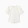Cotton T-shirt with sleeves in broderie anglaise for girls, light beige