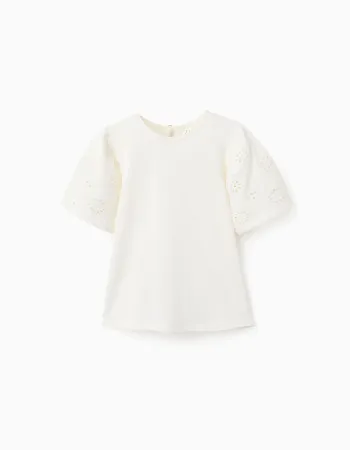 Cotton T-shirt with sleeves in broderie anglaise for girls, light beige