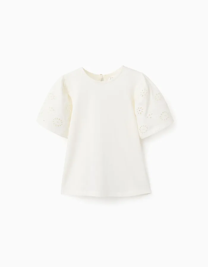 Cotton T-shirt with sleeves in broderie anglaise for girls, light beige