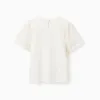 Cotton T-shirt with sleeves in broderie anglaise for girls, light beige