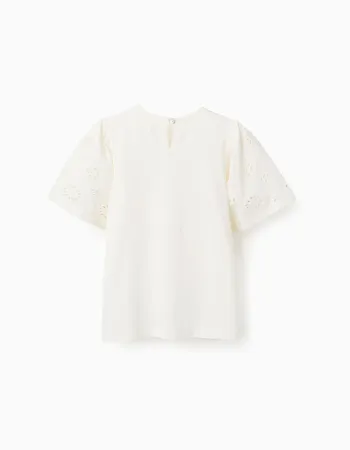 Cotton T-shirt with sleeves in broderie anglaise for girls, light beige