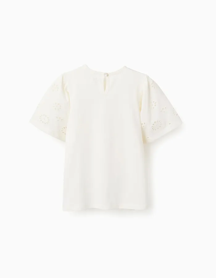 Cotton T-shirt with sleeves in broderie anglaise for girls, light beige