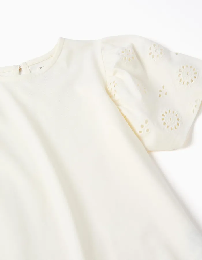 Cotton T-shirt with sleeves in broderie anglaise for girls, light beige