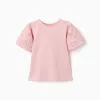 Cotton T-shirt with sleeves in broderie anglaise for girls, pink